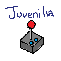 A childishly-drawn image of a joystick below the world "juvenilia"